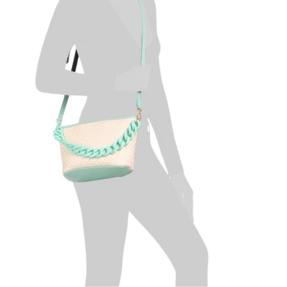 STELLA BIANCA Aqua Raffia Chain Crossbody Bag With Leather Trim Made In … - Picture 10 of 11